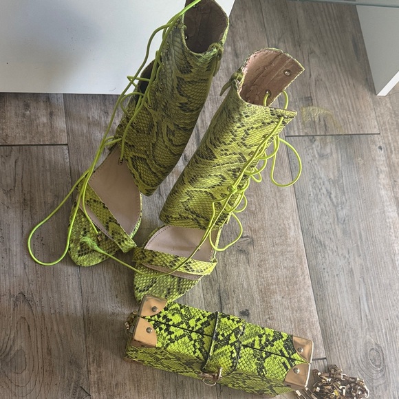 Azalea Wang Shoes - Lime Snake Print Lace-Up Boots